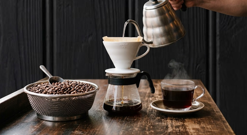 Coffee beans in a strainer beside a Hario V60 pour-over setup, with a kettle pouring hot water and a steaming cup of coffee on a rustic wooden table
