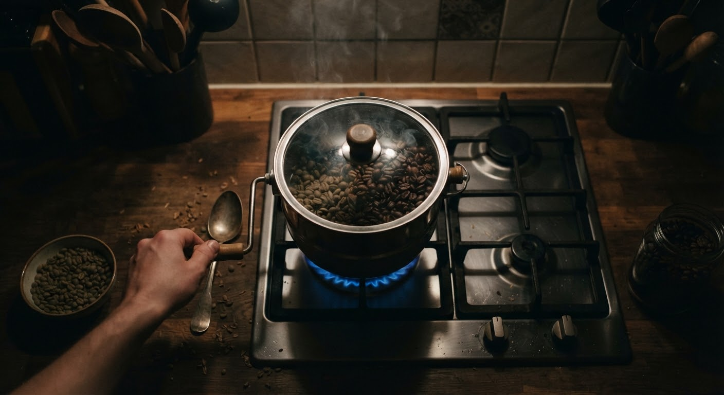 Overhead view of coffee beans roasting in a stovetop popcorn-style roasting pot, with steam rising