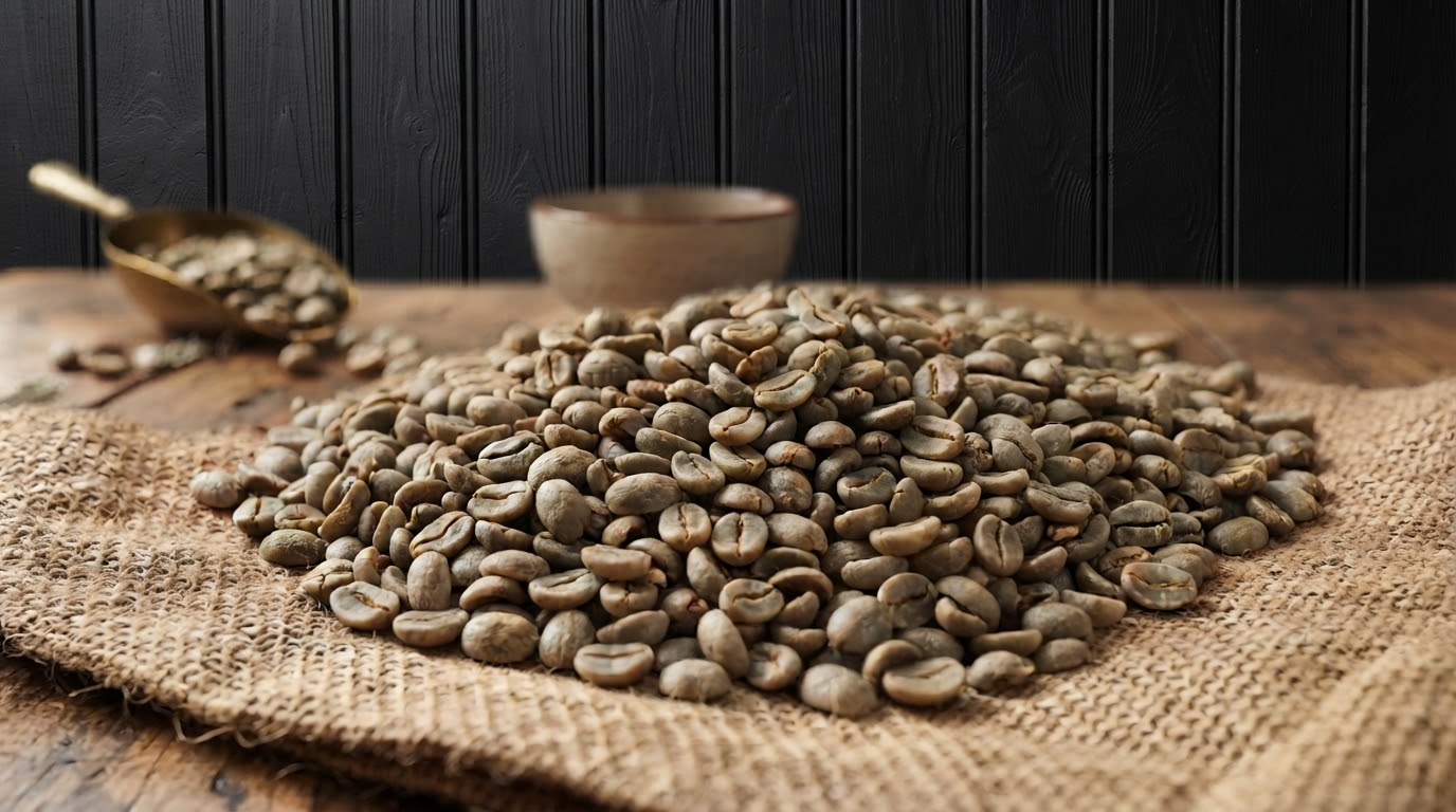 A pile of green, unroasted coffee beans on burlap with a scoop and bowl
