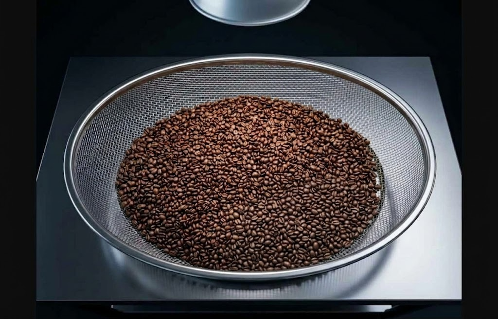 Freshly roasted coffee beans cooling in a mesh tray after roasting